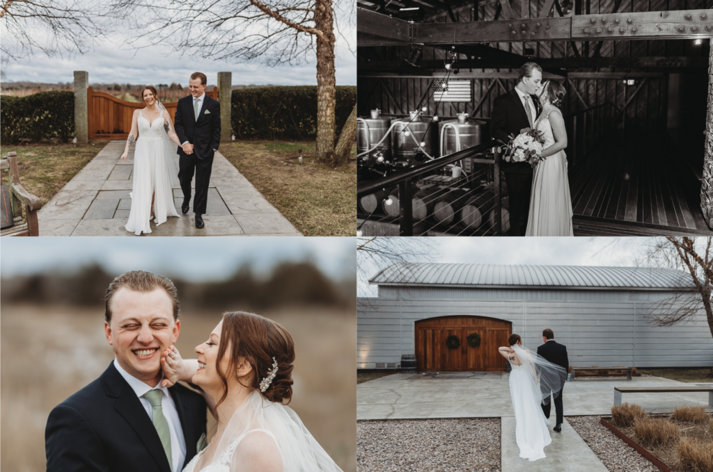 Collage of a bride and groom walking down a path, kissing in the industrial park of the building, and walking toward it, and the bride wiping makeup off of the grooms face at a unique wedding venue in CT.