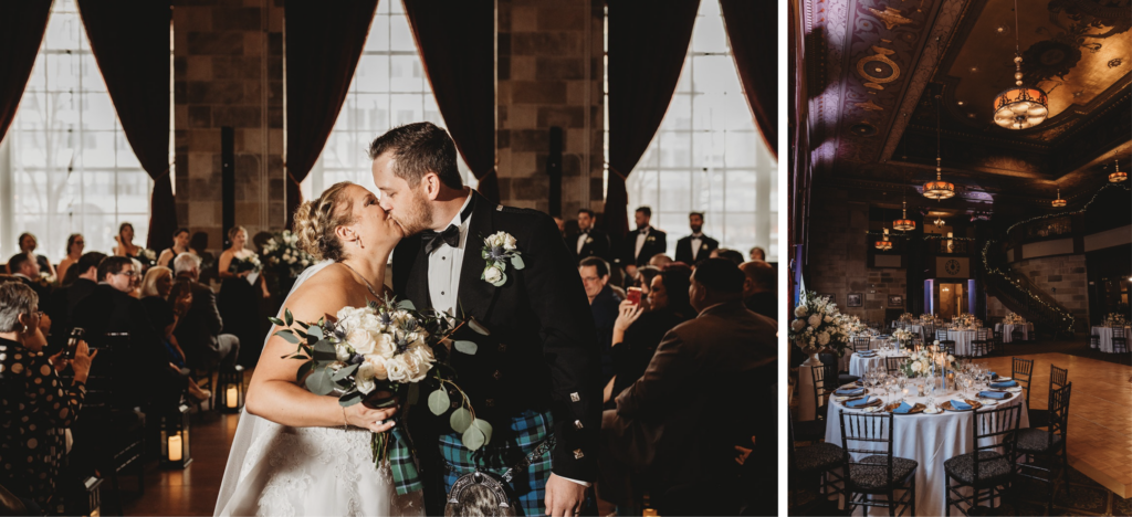 Bride and groom have a first kiss at once of connecticut's most unique wedding venues. there is also a wide shot of the reception area.
