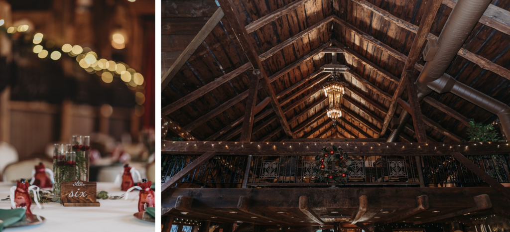 bill miller's castle photos during a winter wedding that show lights, wreaths and rich colors against the backdrop of the high ceilings