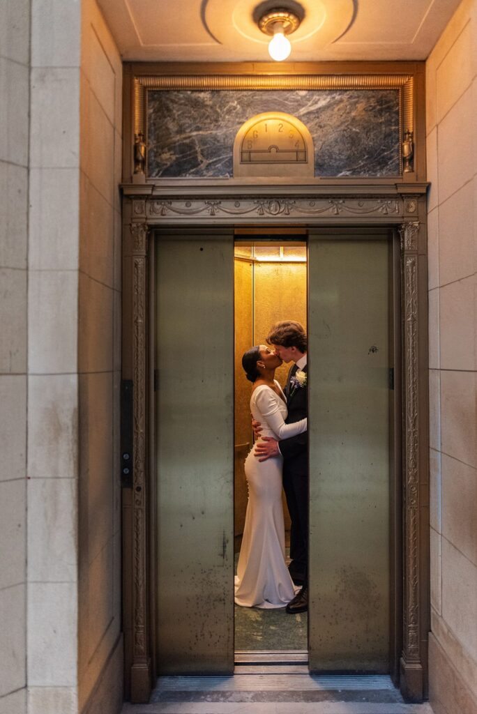 couple kissing in hartford city hall elevator