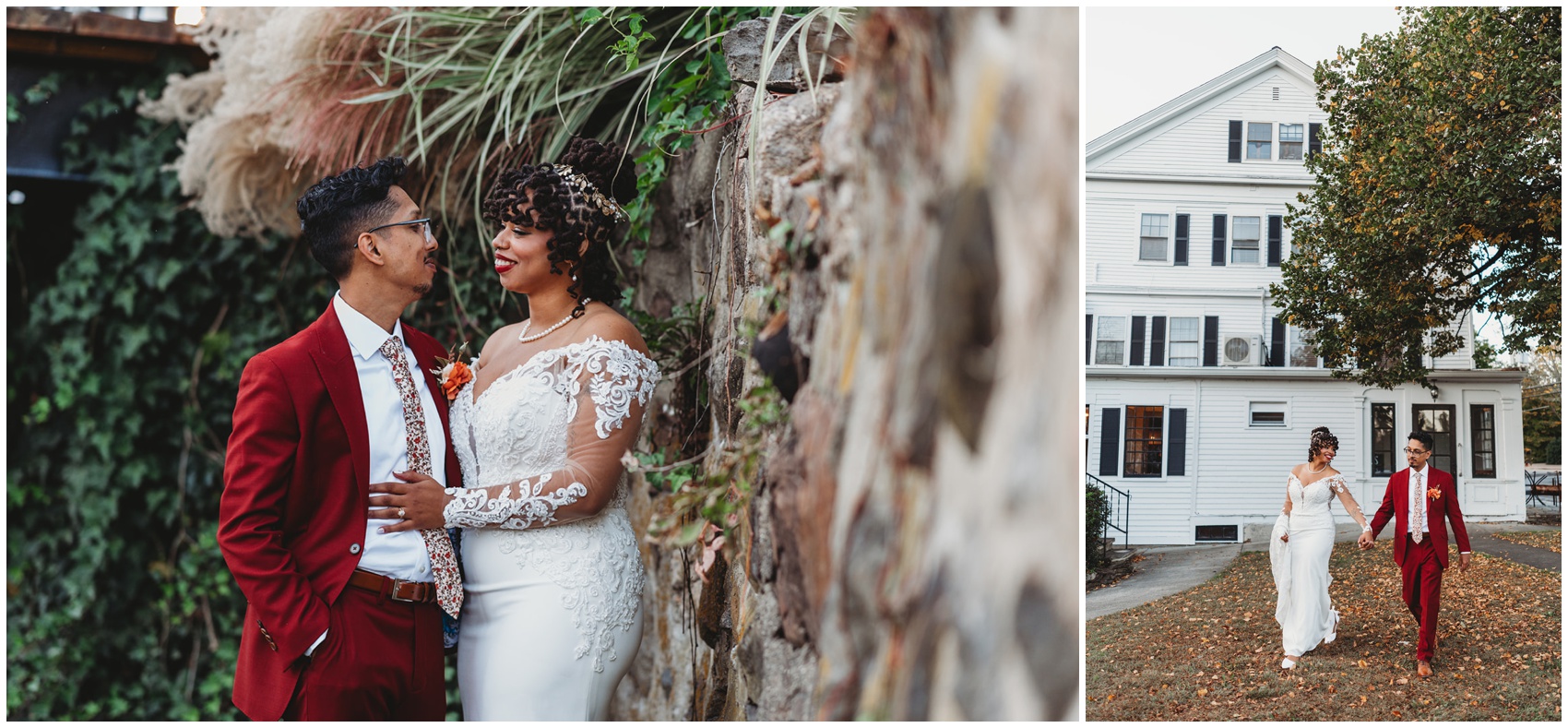 A collage of a bride and groom in a red suit snuggling and walking in a lawn at one of the intimate wedding venues in CT