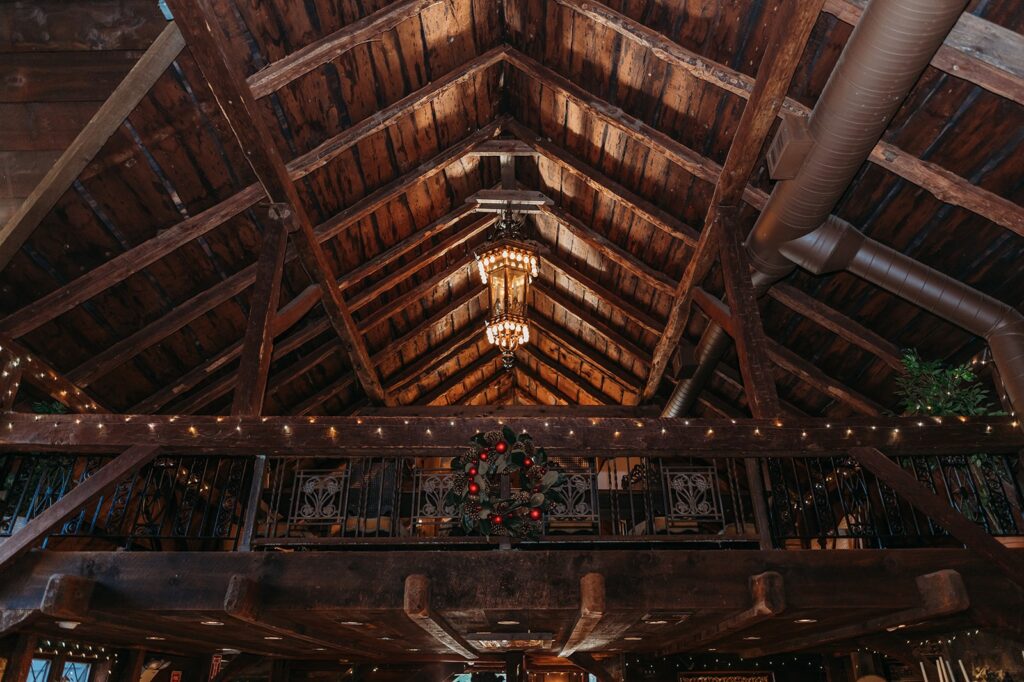 vaulted wood ceiling and chandelier at Bill Miller's Castle