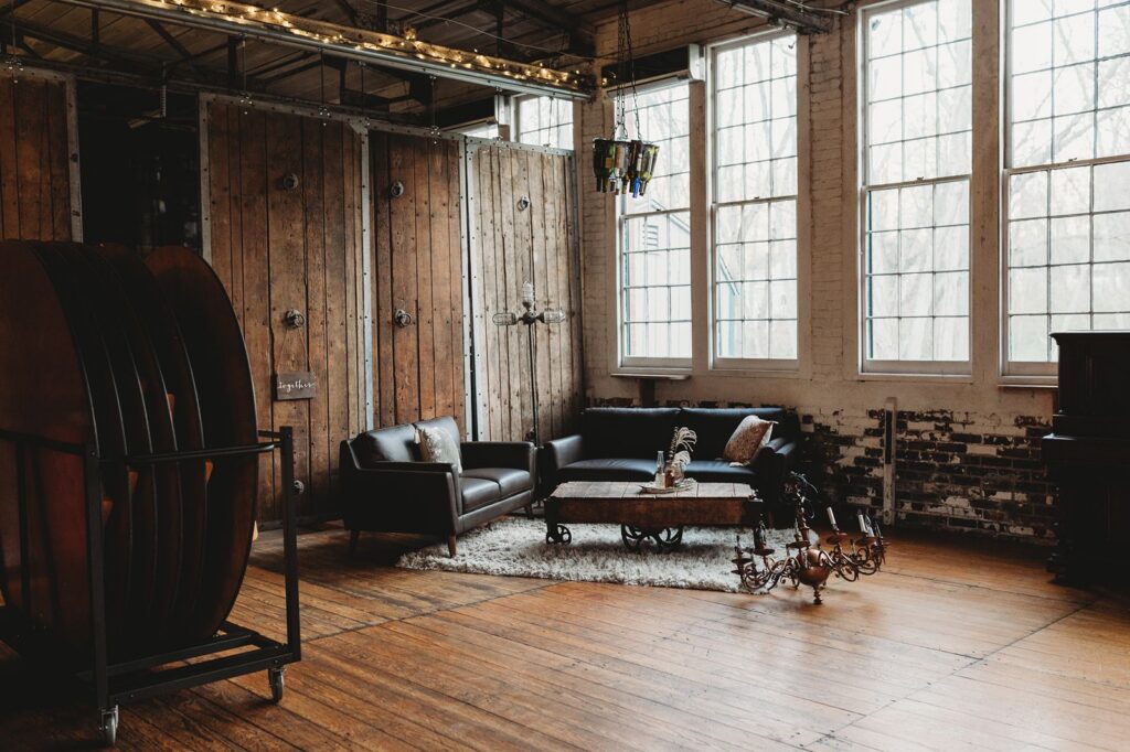 Large Windows and Leather couch in reception area