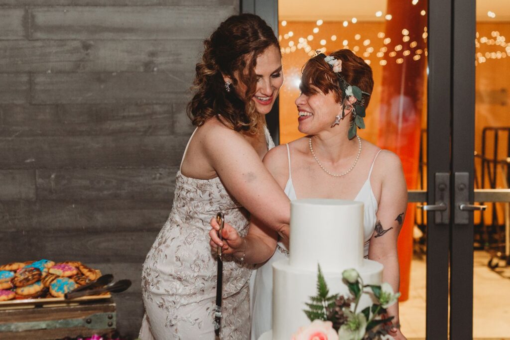brides cutting their cake at the wedding reception